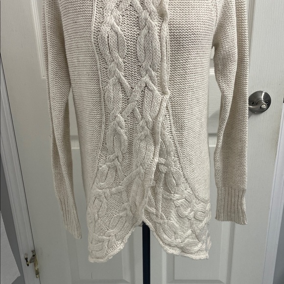 Elegant Cream Button-Up 3/4 Length Cardigan Mock Neck Collar Long Sleeves Sz S - Picture 3 of 13